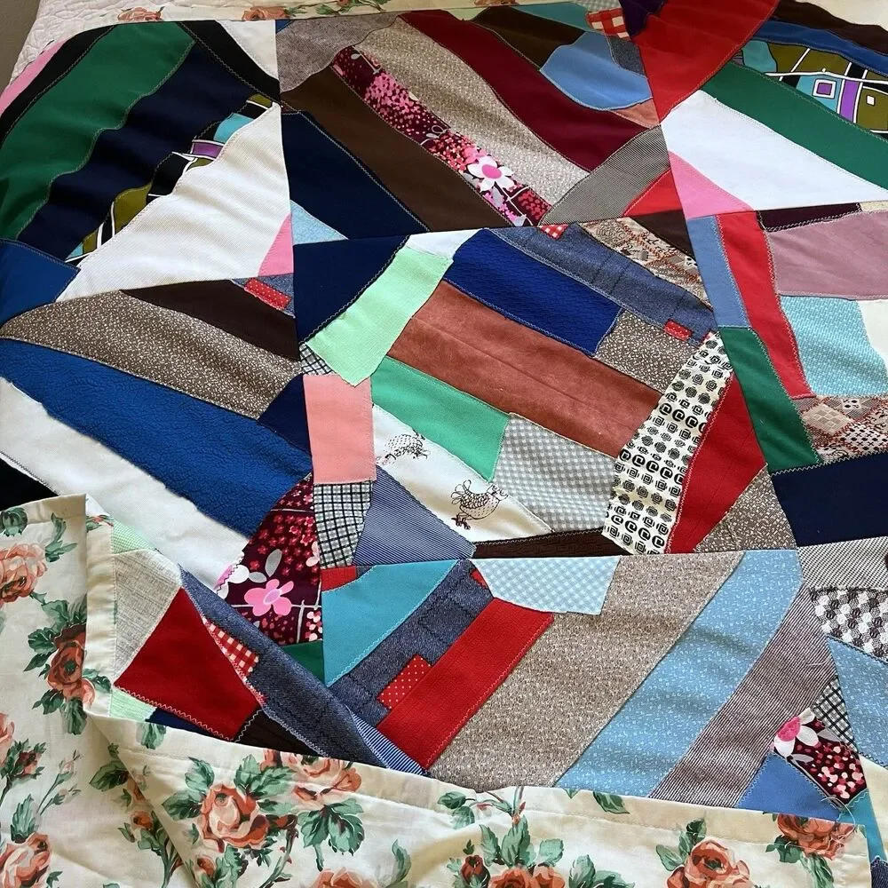 Vintage Crazy Quilt Patchwork Approx 80 X 94 Floral Back Mixed Media